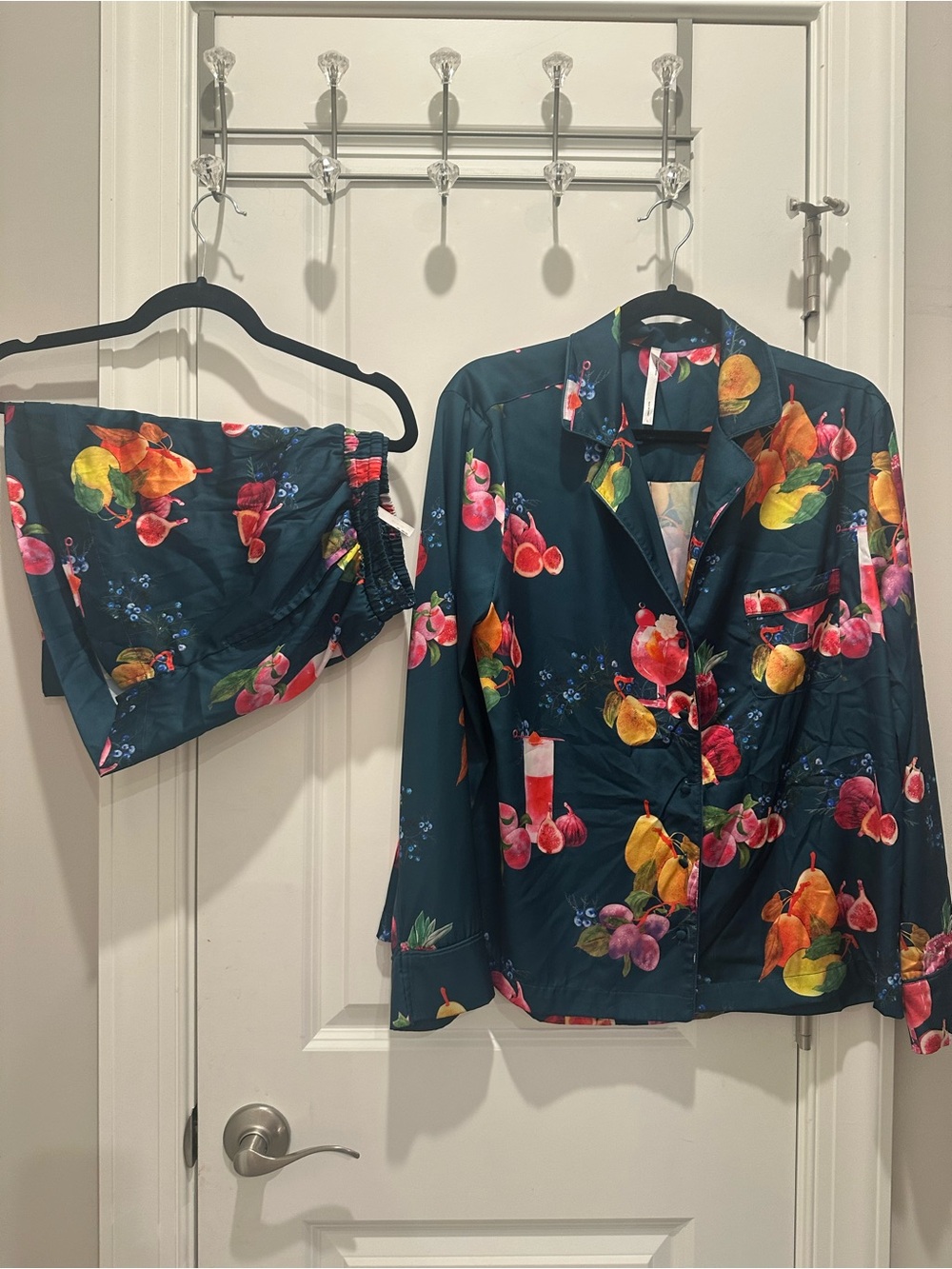 Soma Teal Satin Fruit-Print Pajama Set